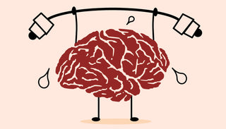 Illustration av en hjärna med tecknade armar och ben som lyfter en skivstång. Hjärnan ser ansträngd ut och svettpärlor syns vid sidorna, vilket symboliserar mental träning och styrka