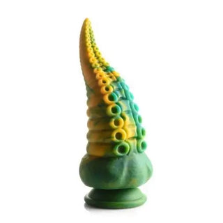 Fantasy dildo i tentakel-design med sugpropp, färgad i grönt och gult med struktur av sugkoppar