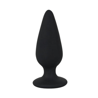 Svart buttplug i silikon med sugpropp och droppformad design för analträning
