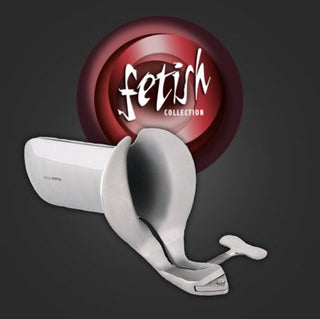 Fetish Collection metallspreder med handtag på mörk bakgrund
