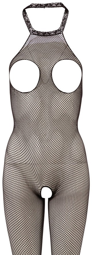 Crotchless Catsuit Svart är en svart fisknätscatsuit med stora bröstutskärningar och öppen gren, mot en vit bakgrund - perfekt för sensuella underkläder.