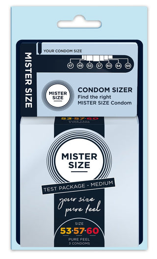 Mister Size Kondom Testpaket i medium visar storlekarna 53, 57 och 60 på förpackningen för att hjälpa dig hitta rätt kondomstorlek.