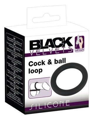 Black Velvet Cock & Ball Loop silikonringbox, med produktdetaljer på sidan.