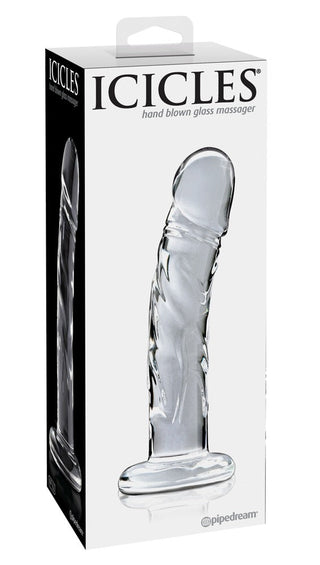 Dildo i klart, handblåst glas, Icicles nr 62, fallisk form, genomskinligt material.
