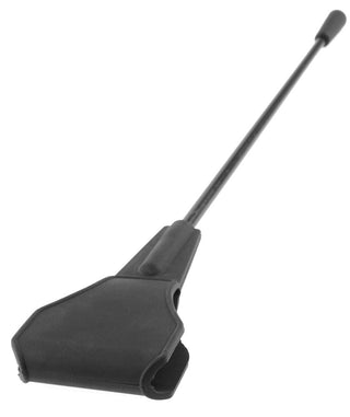 Närbild av Silikonpiska Crop 40 cm, en teleskopbatong i svart metall med ett texturerat grepphandtag på vit bakgrund, som fungerar som en spännande bondage-tillbehör.