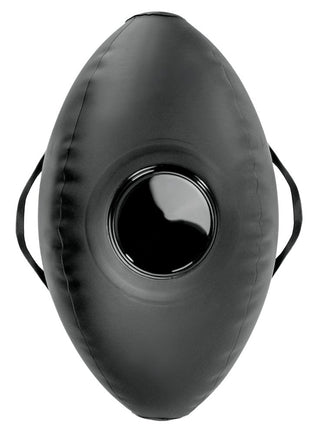 En svart, oval Uppblåsbar Love Ball Med Dildo med sidohandtag och en glänsande mittdyna för träning.