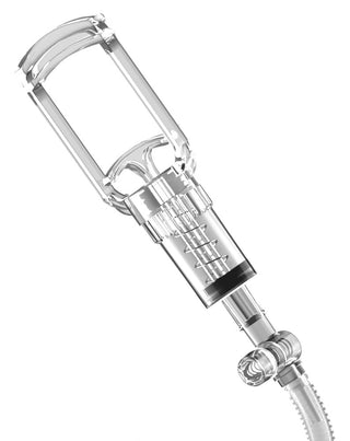 Genomskinlig PDX Elite ViewTube Vac XXL-cylinder i plast med Fanta Flesh-material, ansluten slang och handpump.