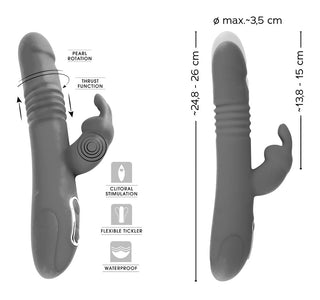 Utforska Thrusting Pearl Rabbit Vibrator i grått, komplett med en klitorisstimulator, G-punktsstimulering, flexibel tickler och vattentät design. Tillverkad av kroppssäker silikon för en säker upplevelse; detaljerade mått tillhandahålls.