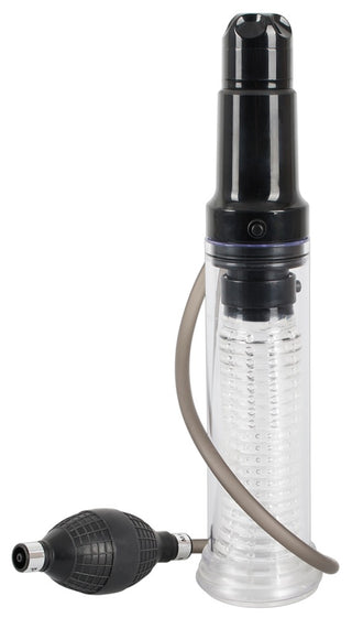 Genomskinlig cylindrisk hylsa med en svart övre koppling och en handdriven vakuumpump.