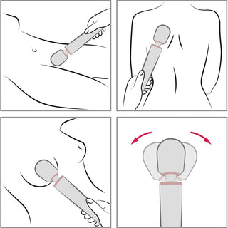 Fyra streckteckningar av en Le Wand Uppladdningsbar Wandvibrator.