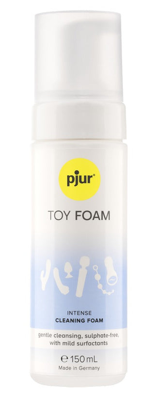 En flaska Pjur Toy Foam Rengöringsskum 100ml för skonsam rengöring av intimprodukter och effektiv sexleksaksrengöring.