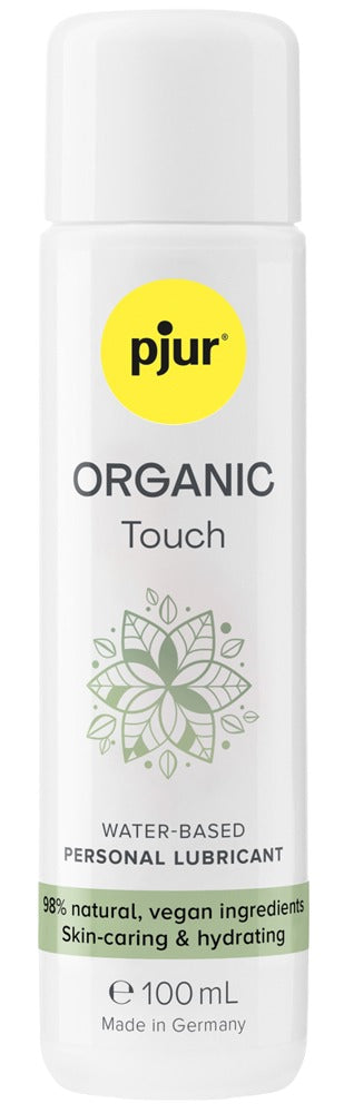 Pjur Organic Touch Glidmedel 100ml är ett veganskt, vattenbaserat glidmedel tillverkat av naturliga ingredienser med gröna och gula etikettaccenter.