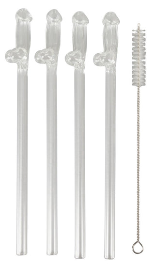 Penisformade Glasstrån 4-pack: Fyra återanvändbara glasstrån i penisform med rengöringsborste och metallhandtag - roliga, hållbara och miljövänliga till festen!.
