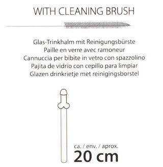 En rengöringsborste och ett 20 cm penisformat glasstrå visas, med flerspråkiga rengöringsinstruktioner. Upptäck våra miljövänliga Penisformade Glasstrån 4-pack - återanvändbara, lätta att rengöra och perfekta för vardagsbruk.