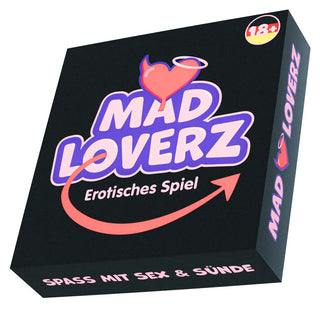 Svart låda med MadLoverz Erotisk Spel med hjärta, gloria, djävulshorn och 18+ etikett. Inkluderar tysk text. Perfekt för par som vill utforska sensuella utmaningar tillsammans.