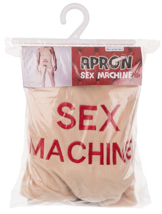 Roligt Förkläde med Penis-paketet har ett nakenfärgat förkläde med "Sex Machine" djärvt tryckt i rött, och inkluderar en galge plus en bild på någon som bär det lekfulla förklädet.