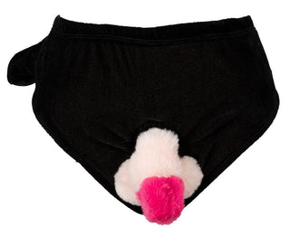Svarta fantasikalsonger i tyg med en fastsydd mjuk, rosa penis framtill och pumpfunktion.