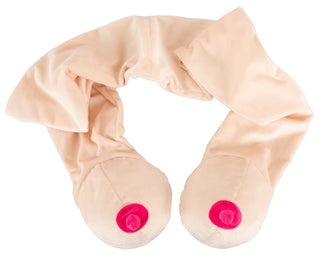Boob Scarf Partyhalsduk - en partyhalsduk formad som bröst med beige tyg och rosa nipples i ändarna. Perfekt som rolig gåva eller till fest!.