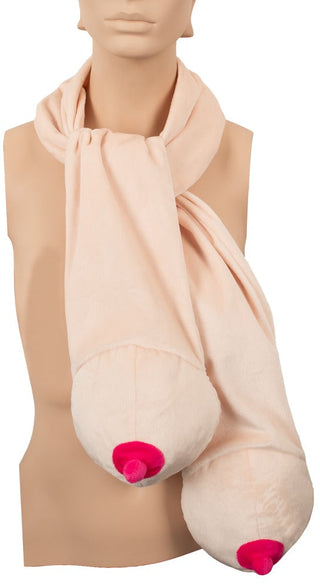 En skyltdocka visar upp Boob Scarf Partyhalsduk - en scarf formad som två tecknade bröst med rosa bröstvårtor, vilket gör den till en rolig present och det perfekta partyplagget för fans av udda stil.