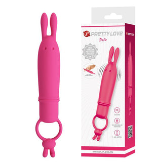 Rosa silikonbulletvibrator med ringhandtag, visas bredvid sin märkesförpackning.