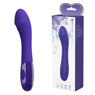 Pretty Love Youth Vibe, en lila böjd vibrator, visas bredvid förpackningen. Funktionerna inkluderar USB-laddning och 30 vibrationsfunktioner för förbättrad G-punktsstimulering.