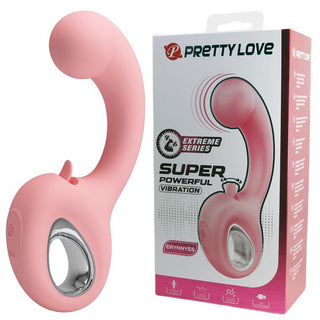 Rosa dubbelvibrator i silikon med böjd design och påsatt klitorisstimulator. Märkesförpackning ingår.