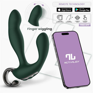 Greeny Prostatavibrator med appstyrning i mörkgrönt, har flera vibrationslägen och visa bredvid en smartphone med ActiveJoy.