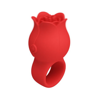 Fingervibrator i röd silikon med rosformad topp, avsedd för stimulering av klitoris, mot vit bakgrund.