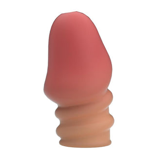 Penishylsa med rosa rundad spets och beige ribbad bas, tillverkad av mjukt material, visas mot en vit bakgrund.
