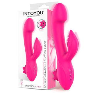 Magnoliapink 3-i-1 Suction Vibe, med dubbla vibrationer, en klitorisstimulator och sug med lufttryck, visas bredvid sin INTOYOU-förpackning.