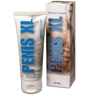 Penis XL Erektionskräm 50 ml i en svart och guldfärgad tub med matchande låda, båda med grafiska design accenter.