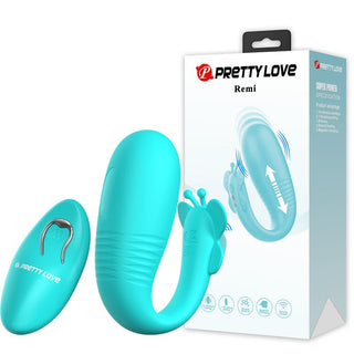Turkos silikon vibratorägg med fjärrkontroll från Pretty Love Remi, visas tillsammans med förpackning och funktionsikoner.