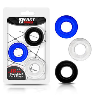 Set med tre runda penisringar i silikon i färgerna svart, blå och klar med förpackningen märkt Beast Rings Penisring 3-pack-ideal för förbättrad erektion och ökad uthållighet.