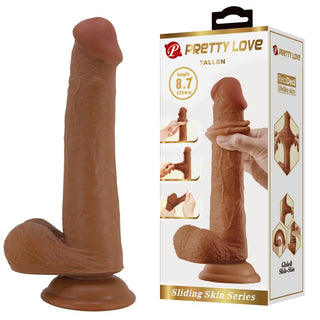 Brun dildo i realistisk design, 22 cm lång med sugkopp, tillverkad i Sliding Skin-material.