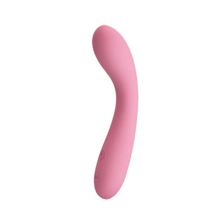 Böjd vibrator i rosa silikon med två knappar.