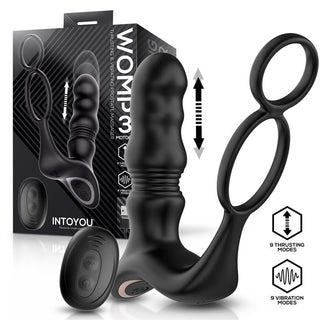 Prostatamassagerare i svart silikon med dubbla ringar, fjärrkontroll och vibrations- och tryckfunktioner.