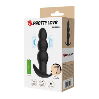 Svart analplugg i silikon med 10 vibrationslägen, visas i förpackning med Pretty Love-logga.