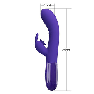 Cerberus Licking Rabbitvibrator har ett böjt skaft för G-punkt stimulans och extern klitorisstimulans; den är 206 mm lång och 32 mm bred.