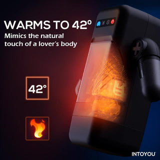 Elon Masturbator är en elegant svart enhet som värms upp till 42°C, med eld- och temperaturikoner. Den erbjuder avancerad justerbar vibrationslägen för en anpassningsbar upplevelse mot en mörk bakgrund.