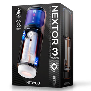 Bilden visar förpackningen till INTOYOU Nextor Värmande Masturbator, med en elegant diskret-design. Boxen framhäver dess vibrationsfunktioner, sex skjutlägen, två värmenivåer och USB-laddning i en elegant svart finish med blå och silverdetaljer.
