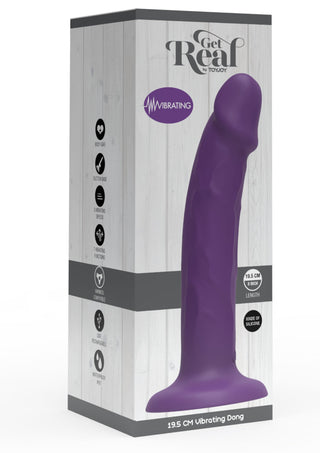 Get Real TOYJOY Vibrator 19 cm är en lila, selekompatibel silikonsexleksak i förpackning märkt Get Real. Den står upprätt och har kraftfulla vibrationer för en realistisk känsla.