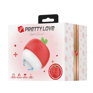 Röd och vit äppelformad klitorisstimulator av slät plast, visas i sin förpackning märkt Apple Secret Licking Stimulator.