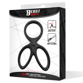 Beast Rings Triple Penisring" levereras i en detaljhandelsförpackning som framhäver dess eleganta design, djärva varumärke och premium flytande silikonmaterial för förbättrad komfort och prestanda.