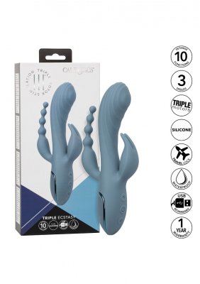 Triple Ecstasy Vibrator, tillverkad av kroppssäker silikon, har förpackningar som visar upp dess ikoniska egenskaper och garantier. Den erbjuder trippelverkande stimulans med tre motorer i vattentät-design.