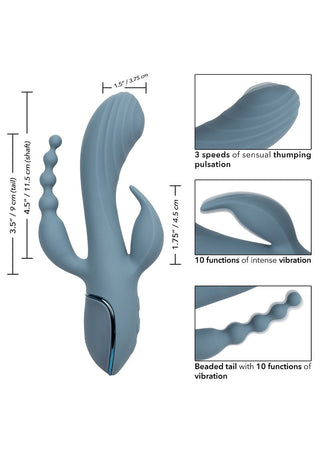 Upplev förhöjda sensationer med Triple Ecstasy Vibrator, med en kroppssäker silikonfinish och trippelverkande stimulering. Dess vattentäta design ger mångsidighet, medan flera pulsationshastigheter och vibrationsfunktioner ökar njutningen.
