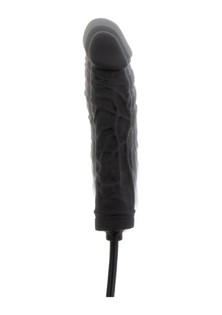 PumpUp Inflatable Dildo, ett svart, texturerat cylindriskt föremål, har en slät topp och är ansluten till en sladd. Dess eleganta design sticker ut elegant mot den vita bakgrunden och erbjuder både stil och funktionalitet.