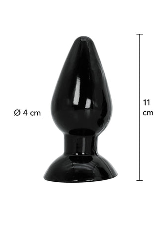 Extreme Smooth Buttplug är ett svart, glänsande, koniskt föremål med en utsvängd bas, tillverkad av kroppssäker PVC. Den är 11 cm hög med en diameter på 4 cm och är avbildad mot en vanlig vit bakgrund med mått angivna bredvid.