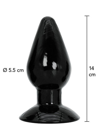 Extreme Smooth Buttplug är en svart, glansig analplugg tillverkad av kroppssäker PVC, med en snygg design. Den är 14 cm hög med en diameter på 5,5 cm och har en bred bas för stabilitet och komfort.