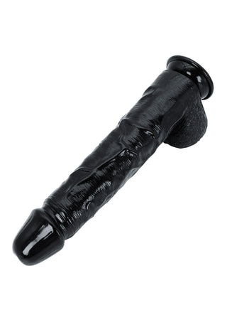 Svart silikondildo i storlek XXL med utvidgad bas, 38 cm lång, avbildad mot en vit bakgrund.