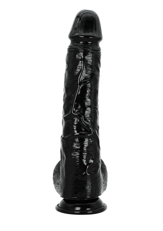 Svart, ådrad silikondildo med sugkopp, 38 cm lång, avbildad mot en vit bakgrund.